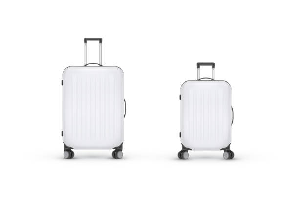 istock Realistic plastic suitcase. Red travel bag isolated on white background. Traveling banner template. Vector Illustration 1252259320