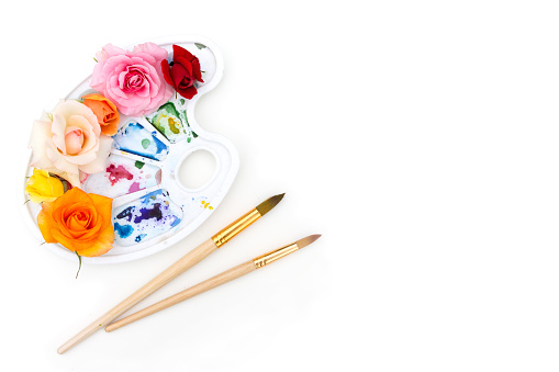 Watercolor palette with multi-colored rosebuds and art brush on a white background. The colors of summer. Creative concept of colorful summer. Flat lay, top view.