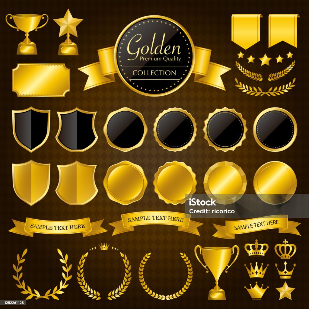 Złote medale, wieńce laurowe, ramki, wstążki, trofea, łaty/zestaw ilustracji wektorowych - Grafika wektorowa royalty-free (Złoto - metal)