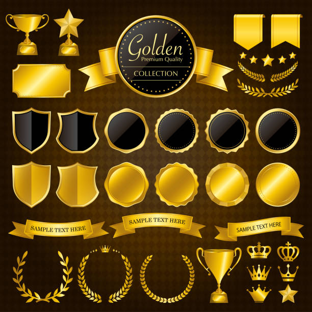 ilustrações de stock, clip art, desenhos animados e ícones de gold medals, laurel wreaths, frames, ribbons, trophies, patches/vector illustration set - gold medal