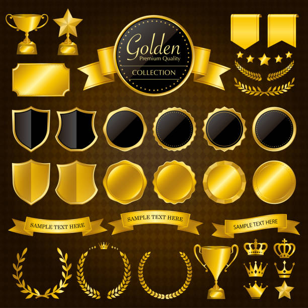 золотые медали, лавровые венки, рамы, ленты, трофеи, патчи / вектор иллюстрации набор - certificate frame award gold stock illustrations