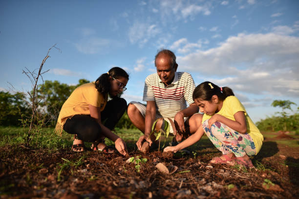 Grandfather with granddaughters planting a tree