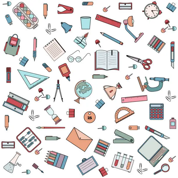 Vector illustration of pattern school and office supplies, color vector illustration, design, decoration