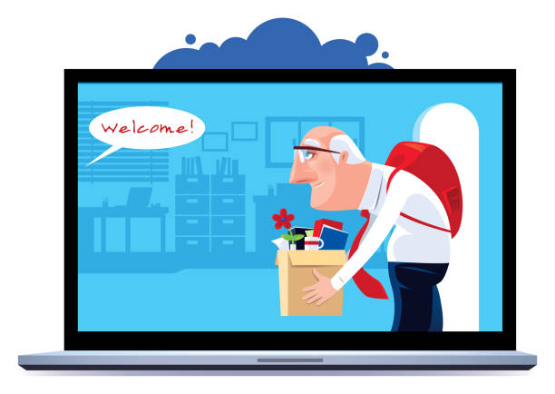 starszy człowiek zatrudniony i wejść do biura za pośrednictwem laptopa - meeting business cheerful hope stock illustrations