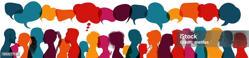 istock Dialogue group of diverse multiethnic multicultural people. Talking and share ideas. Communication concept. Crowd talking. Silhouette heads diversity people in profile. Speech bubble 1252277127