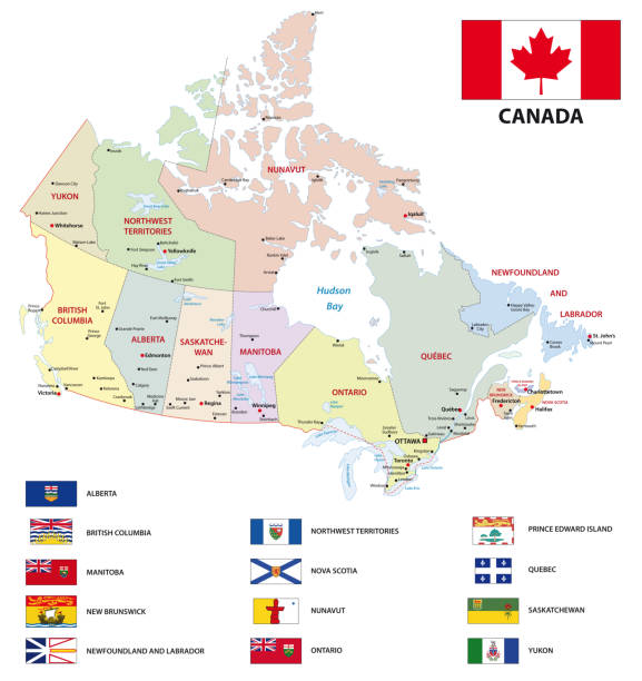 ilustraciones, imágenes clip art, dibujos animados e iconos de stock de mapa vectorial administrativo y político de canadá con banderas - saskatchewan province canada flag