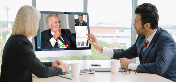 Video call group business people meeting on virtual workplace or remote office