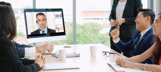 istock Video call group business people meeting on virtual workplace or remote office 1252285107