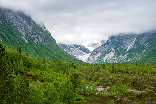 Norwegian landscape with forest, waterfall, glacier and mountains