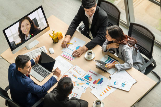 istock Video call group business people meeting on virtual workplace or remote office 1252285244