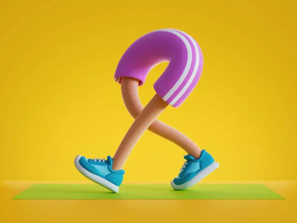 Photo of 3d render cartoon character walking legs, training routine on green mat, physical activity at home, flexible body parts isolated on yellow background. Funny toy surrealistic clip art, sport motivation