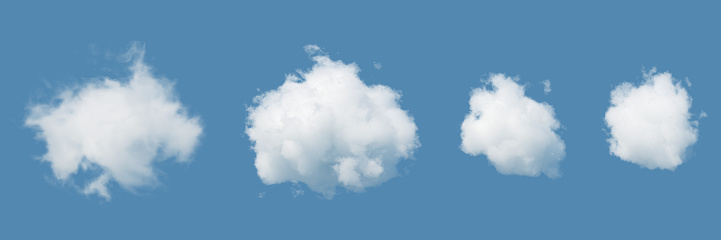3d render. Abstract white clouds isolated on blue sky background. Cumulus stages clip art. Sky illustration