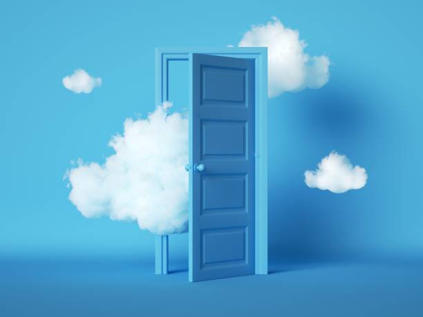 3d render, white fluffy clouds going through, flying out, open door, objects isolated on blue background. door to haven abstract metaphor, modern minimal concept. surreal dream scene - afterlife imagens e fotografias de stock
