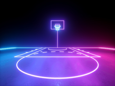 3d render, rosa violeta azul brillante líneas de neón, vista frontal de la cesta de baloncesto, juego deportivo parque infantil virtual, esquema de campo deportivo. Aislado sobre fondo negro. photo