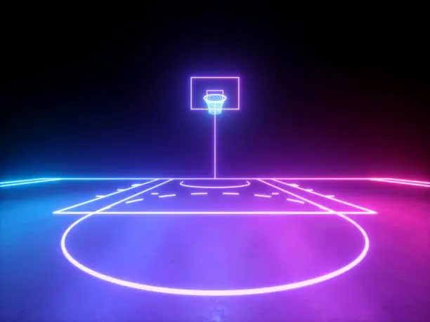 3d render, pink violet blue glowing neon lines, frontal view of the basketball basket, sportive game virtual playground, sport field scheme. Isolated on black background.