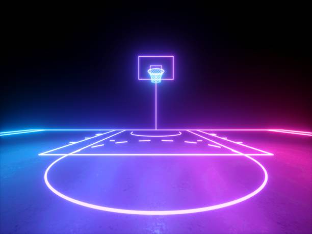 3d 渲染,粉紅色紫羅蘭藍色發光霓虹燈線,籃球籃正面視圖,運動遊戲虛擬遊樂場,運動場方案。隔離在黑色背景上。 - 籃球 團體運動 插圖 個照片及圖片檔