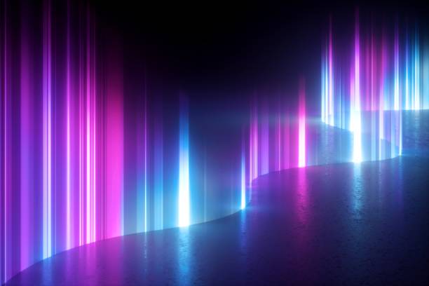 Photo of 3d render, digital illustration. Abstract neon light background, artificial aurora borealis vertical rays, northern lights, glowing plasma effect. Mysterious geomagnetic phenomenon