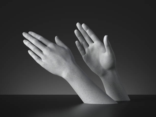 istock 3d render, sign language, mannequin hands gesture isolated on black background. Modern minimal concept, simple clean design. Concrete sculpture. Artificial human limb 1252288102