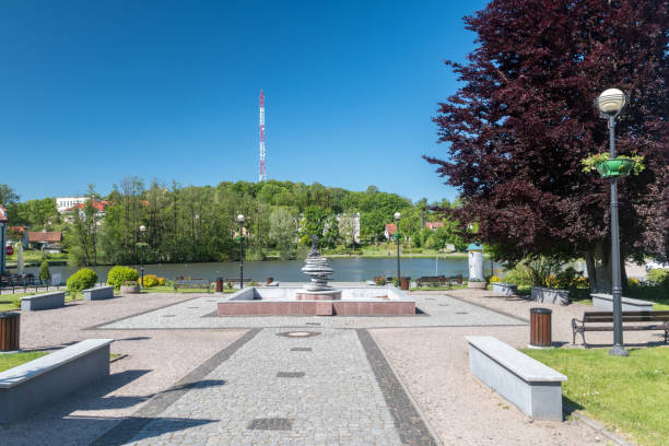 Mragowo, Poland - June 1, 2020: Fountain at Lake Magistrackie.