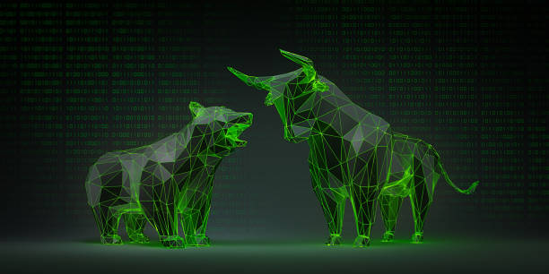 검은 색과 녹색 발광 황소와 곰 - bull bull market bear stock exchange 뉴스 사진 이미지