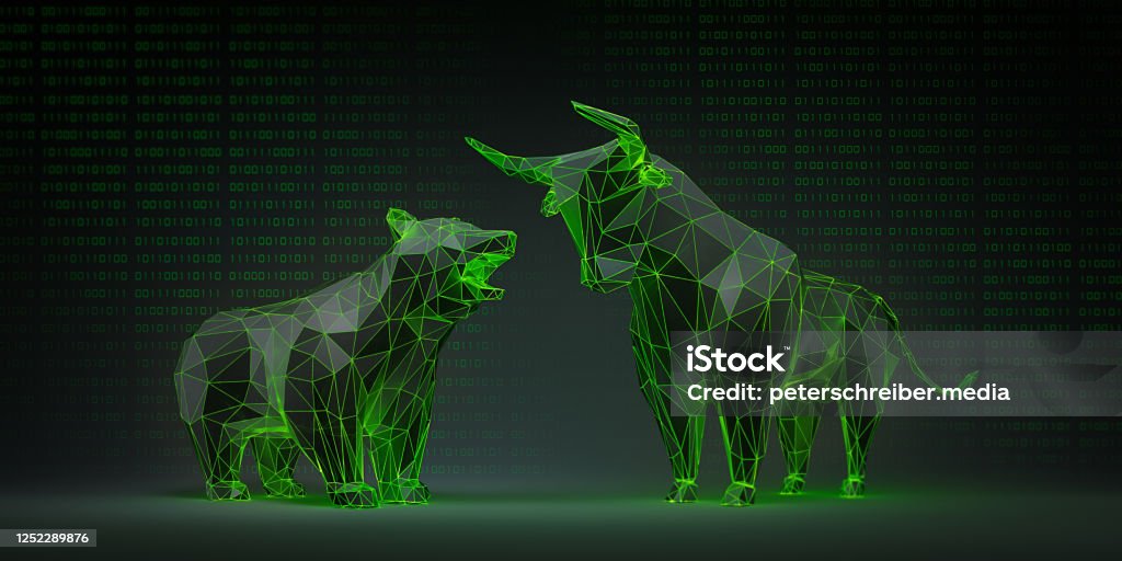Black and green luminous Bull and Bear Luminous black and green Bull and Bear with Computer Data Backdrop Bull - Animal Stock Photo