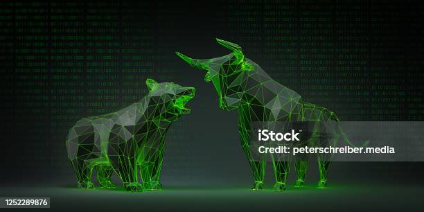 Black And Green Luminous Bull And Bear Stock Photo - Download Image Now - Bull - Animal, Bear, Stock Market and Exchange