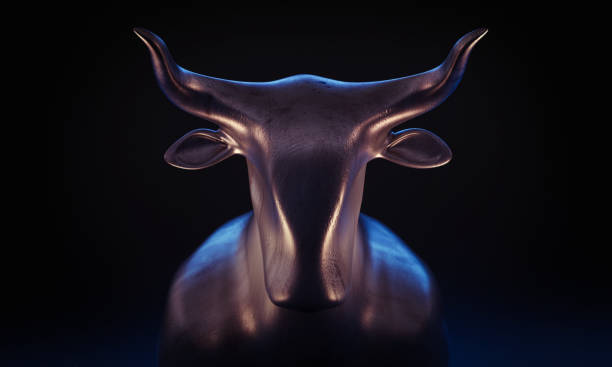 dark bull statue close up with dark background - bull bull market bear stock exchange imagens e fotografias de stock