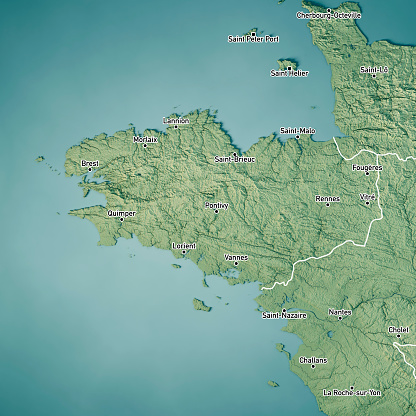 3D Render of a Topographic Map of the region Brittany in France. Version with Boundaries and Cities.\nAll source data is in the public domain.\nColor texture: Made with Natural Earth. \nhttp://www.naturalearthdata.com/downloads/10m-raster-data/10m-cross-blend-hypso/\nRelief texture: NASADEM data courtesy of NASA JPL (2020). URL of source image: \nhttps://doi.org/10.5067/MEaSUREs/NASADEM/NASADEM_HGT.001\nWater texture: SRTM Water Body SWDB:\nhttps://dds.cr.usgs.gov/srtm/version2_1/SWBD/\nBoundaries Level 0: Humanitarian Information Unit HIU, U.S. Department of State (database: LSIB)\nhttp://geonode.state.gov/layers/geonode%3ALSIB7a_Gen