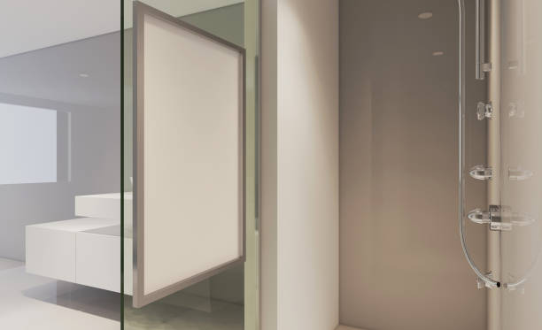 istock Modern bathroom including bath and sink. 3D rendering. Mockup.   Empty paintings 1252291548
