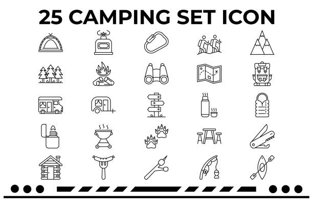 Camping & Outdoor This is an Icon Set about Camping,Hiking,Outdoor,Trailer,Fireplaces,Cabin in the woods. binoculars point of view stock illustrations