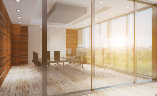 istock Furniture set with table, chairs and devices. 3D rendering.. Sunset 1252291679