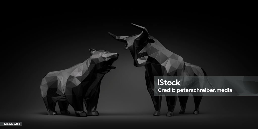 Black Bull and Bear Black low poly Bull and Bear with dark Background Stock Market and Exchange Stock Photo