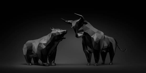 Black Bull and Bear Black low poly Bull and Bear with dark Background bull market stock pictures, royalty-free photos & images