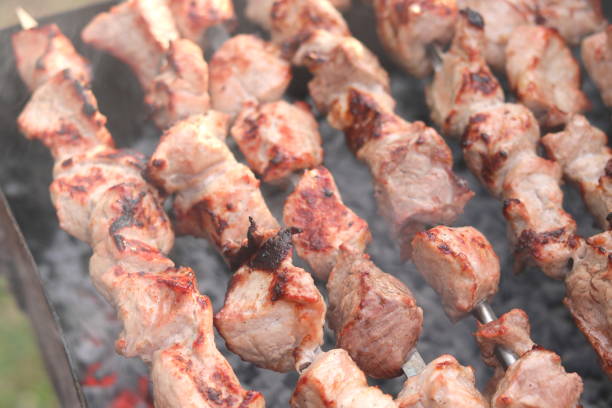 Cooking meat on skewers in barbecue on picnic