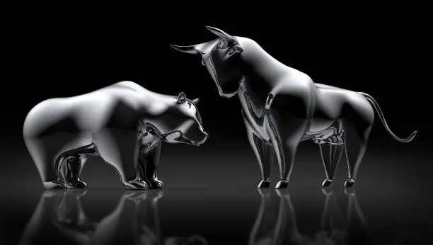 Silver Bull and Bear on shiny black Background