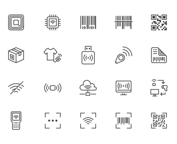 ilustrações de stock, clip art, desenhos animados e ícones de rfid, qr code, barcode line icon set. price tag scanner, label reader, identification microchip vector illustration. simple outline signs retail safety application. pixel perfect editable stroke - financial figures audio