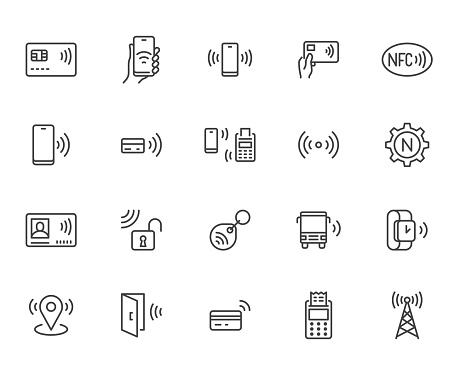 NFC line icon set. Near Field Communication technology, contactless payment, card with chip minimal vector illustration. Simple outline signs for smartphone pay. Pixel Perfect. Editable Strokes.