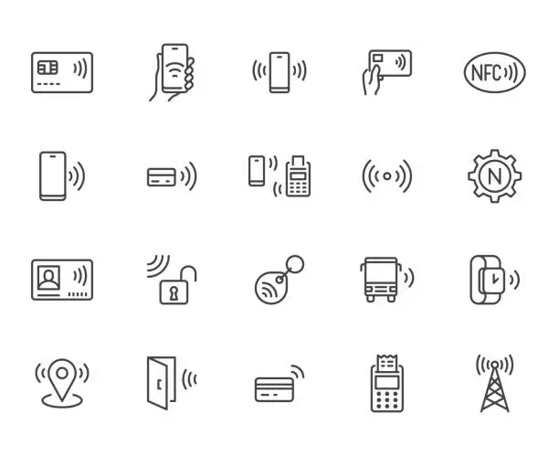 Vector illustration of NFC line icon set. Near Field Communication technology, contactless payment, card with chip minimal vector illustration. Simple outline signs for smartphone pay. Pixel Perfect. Editable Strokes