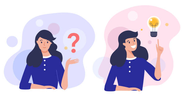 Woman thinking  - trying to find a solution Woman thinking  - trying to find a solution with question mark and happy with light bulb creative idea. Concept vector illustration. all people stock illustrations