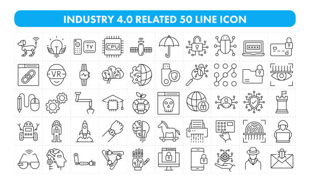 Industry 4.0 Related 50 Line Icon Industry 4.0 Related 50 Line Icon debugging stock illustrations