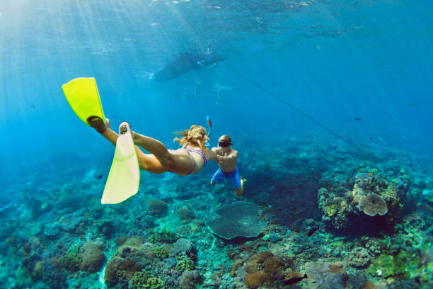 シュノーケリングマスクの若いカップルは、海の水中で自由にダイビング - nusa lembongan bali island beach ストックフォトと画像