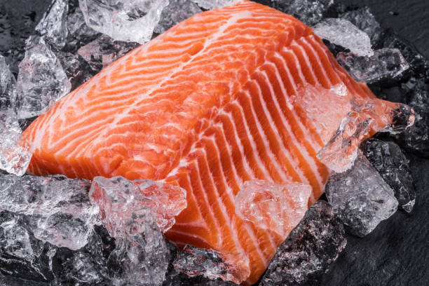istock Fresh salmon fillet over ice on black cutting board. 1252299117