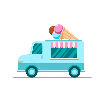 Hand drawn vector colorful Ice truck, mobile shop on white background. Illustration in flat cartoon style. Design for banner, card, cafe, menu, festival