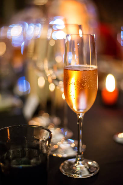 istock Champagne glasses on dining table in restaurant 1252300096
