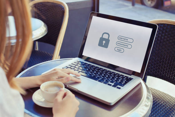 data protection and internet security concept, woman user typing password - website security imagens e fotografias de stock