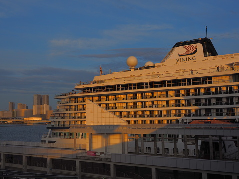 Harumi Tokyo/Japan-May06,2019:cruise ship in sunset at Harumi Passenger ship Terminal