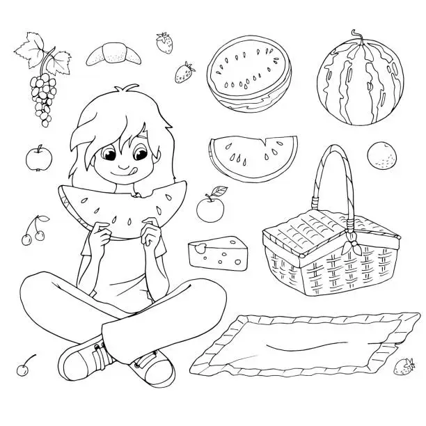 Vector illustration of Cartoon girl eating watermelon. Coloring book.