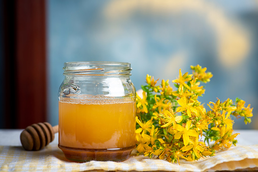 St. John's wort flower honey in a jar with flowers closeup