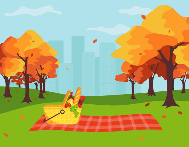 Basket and picnic blanket on the background of autumn trees and the city. Cartoon vector illustration in flat style. A picnic concept in a city park in the fall. Basket and picnic blanket on the background of autumn trees and the city. Cartoon vector illustration in flat style. picnic blanket stock illustrations