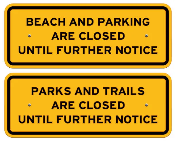 Vector illustration of Yellow 'beach closed' and 'park closed' warning signs isolated on white